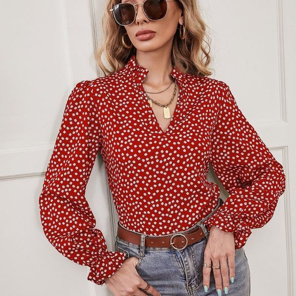 New Ditsy Floral Print Notch Neck Flounce Sleeve Blouse Red and White - Picture 1 of 5